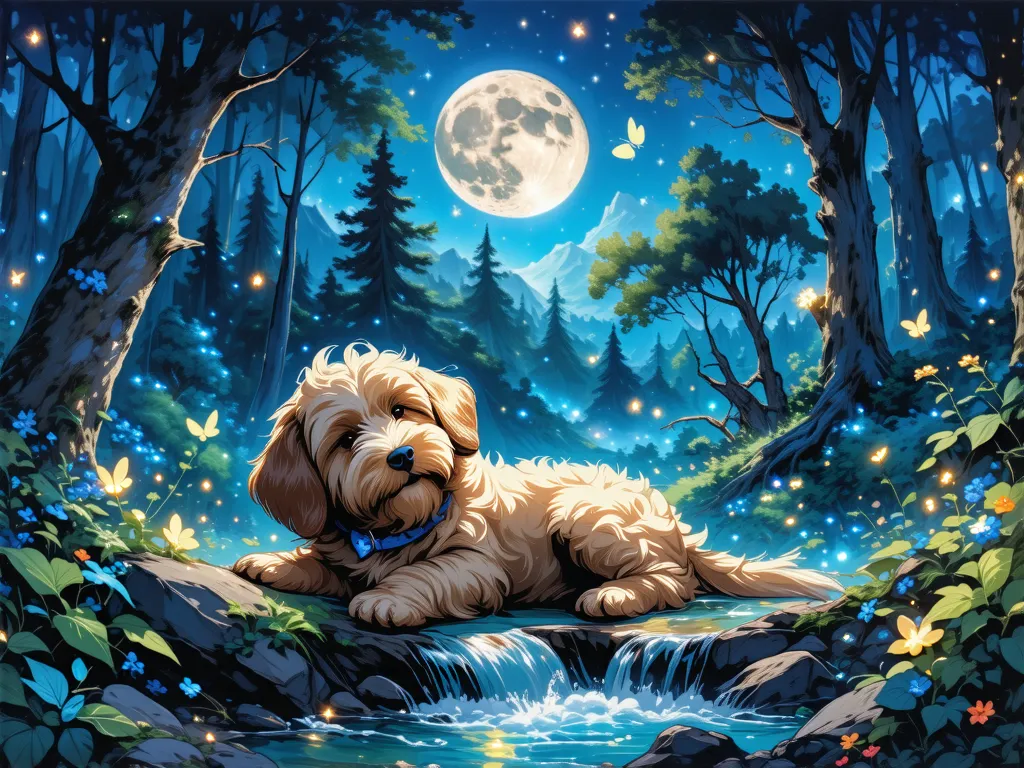 Under the moonlight, there is a golden doodle puppy in the distance, a dreamy forest dog shining in the moonlight. Glittering things like fireflies fly around the dog, and the dog sleeps happily in a dreamy forest where anyone who doesn't seem to be in the...