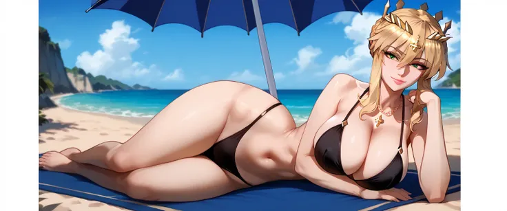 1girl, Artoria Pendragon, Lancer, ultra-detailed, ((masterpiece)), (best quality), (highres), 16K, green eyes, blonde hair, sidelocks, hair between eyes, wearing black bikini, busty body, large breasts and a sexy ass, showcasing cleavage, legs, hips, looki...