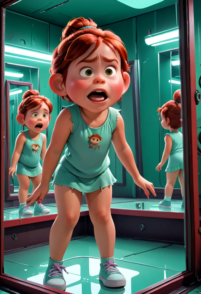 Cinematic science-fiction horror image :  Room with a labyrinth of mirrors ,  even on the roof of an amusement park ,.Chubby Gremlin girl, freckled red hair, tan ,in floss underwear very close to the sweaty body,  trapped in a mirror while her reflections ...