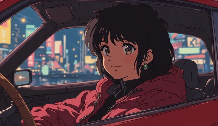 90's japanese anime style art, A young girl happy smiling with short black hair styled in a sleek bob, inside the red 90's sedan driver seat opened window in Tokyo city at night. She has large expressive brown eyes and wears a black knit turtle neck and r...