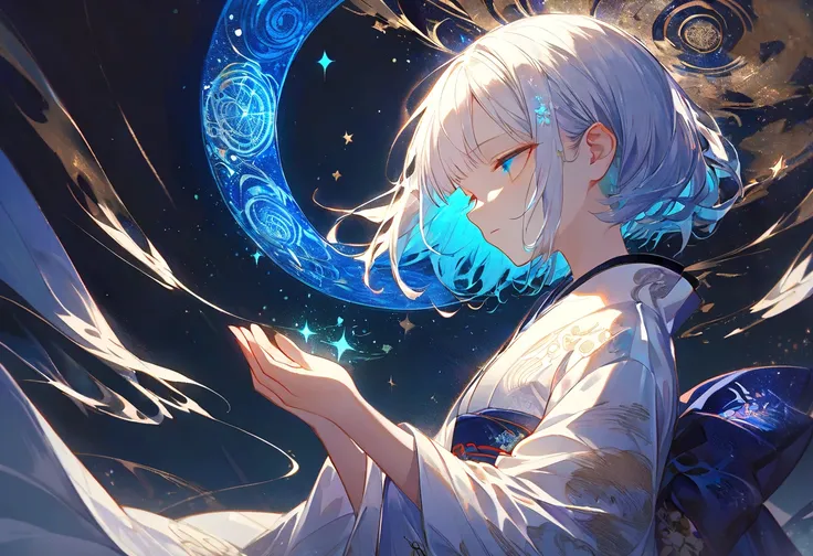 Anime girl in a state of magical meditation, surrounded by glowing intricate magic circles, detailed inscriptions, kimono with starry night pattern, bioluminescent accents, soft lighting, dark background, digital illustration --ar 3:4 --style raw --profile...