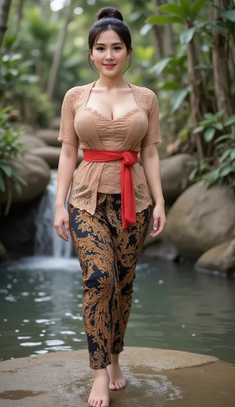 Realistic photo of an Indonesian woman seen up to her feet, curvaceous body, chubby and fat, using kebaya and batik skirt, face facing the camera.  Elegant elegant style elegant aesthetic . sexy butt, big ass and hips, Good Detail . standing sideways with ...