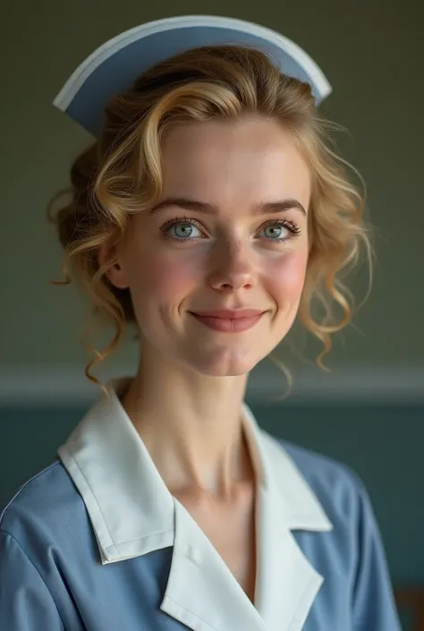 The pretty smiling face of my 18yo English daughter who looks similar to Emma Watson, blue eyes, blonde hair tied up in a bun, The year is 1940 and she is a nurse