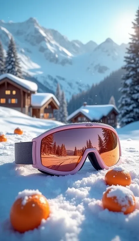 Cinematic, ultra-detailed winter scene with a surreal element.

In the foreground, stylish ski goggles with a soft pink frame rest on a thick layer of fresh, fluffy snow. The lenses reflect a magical mountain landscape: snow-covered alpine chalets with war...