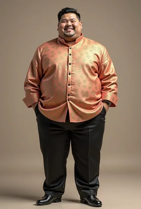 Chubby man wearing rose gold brocade material long sleeve cuff slim fit casual shirt with chinese color and black trouser 