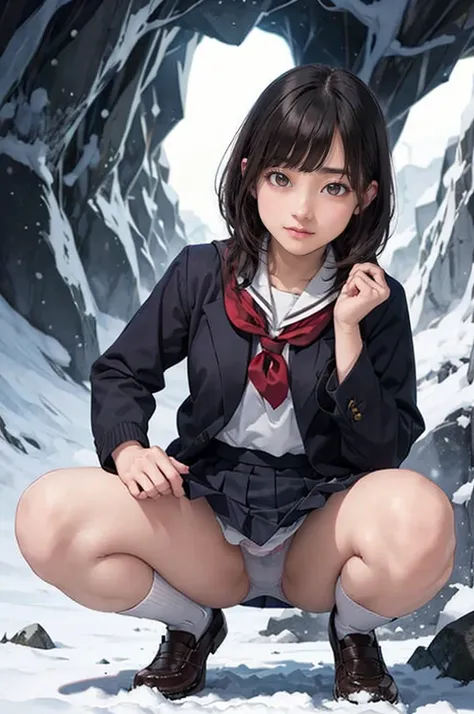 Yukiguni Snow Cave  ,   girls on the left,  very short bob hair, ish smile ,  happy,  Japanese school girl uniform,  pleated skirts that blow out,  droopy eyes :1.5, wonderful,   masterpiece, At night,   squat,   look straight ahead ,   panties:1.5, open l...