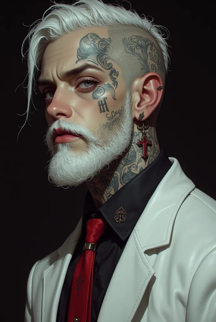 Dark indoor studio, ultra realistic 3D painting, top right corner position, black background, close up of a young pale white albino punk man's face, heavily tattooed, evil looking, wearing a white suit with a red tie, low fade white hair, well-groomed full...