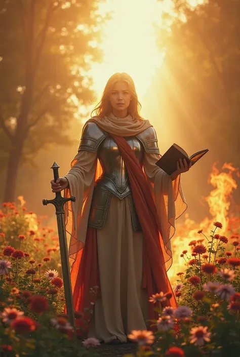 An image that contains: a realistic contemporary woman, a bible, a medieval helmet, flores, Fire and sword in the woman's hand to represent the phrase in an impactful way: Calls, Trained and Forged