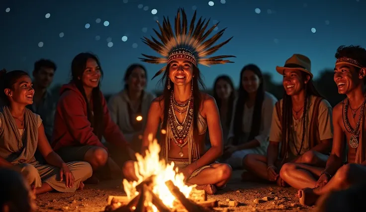 An Apache warrior woman seated at the center of a vibrant feast, her people gathered around a roaring fire under a star-studded sky. Elders tell stories of her bravery, their voices echoing through the desert night, while younger warriors play traditional ...