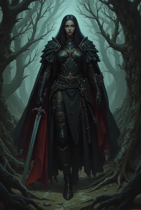 man with brown skin, long black hair, red eyes, vamire, black armor, torn black cloak, holding a large sword, in a dark forest, dark fantasy, role-playing game