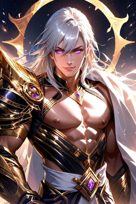 A muscular, divine-looking man with long silver hair, glowing purple eyes, and a confident smirk. He wears an elegant white sash draped over one shoulder. His armor consists of black and gold elements with intricate patterns, including a belt with a unique...