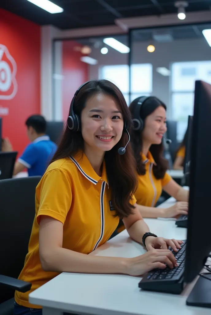 
“An office with multiple female call center agents asians sitting at desks with computers. They are wearing matching uniforms in YELLOW RED BLUE and headsets while smiling and working. The background features a modern office with glass partitions and a re...