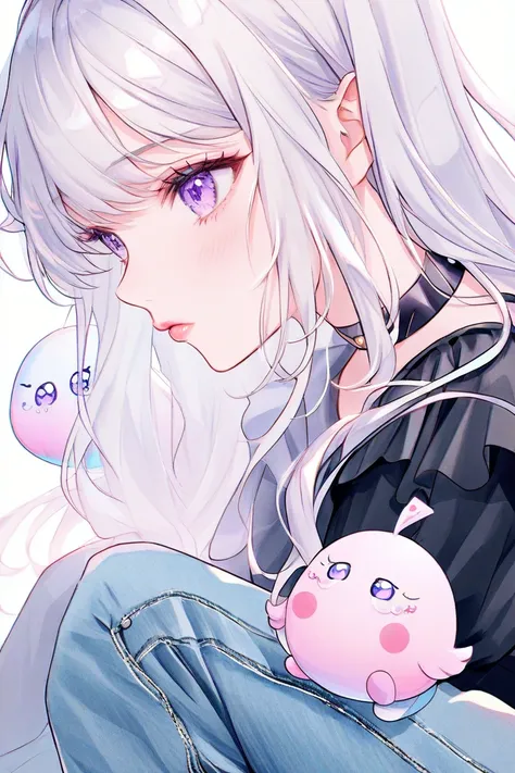 watercolor、 illustrations、1 girl、sit、 beautiful face、close your eyes、profile、cute、white background、note、 white hair 、 long hair 、light purple eyes、Super droopy eyes、 teardrop bags、black blouse、 denim pants、choker、pink cheeks、 small lips by Telebi、pink lips...