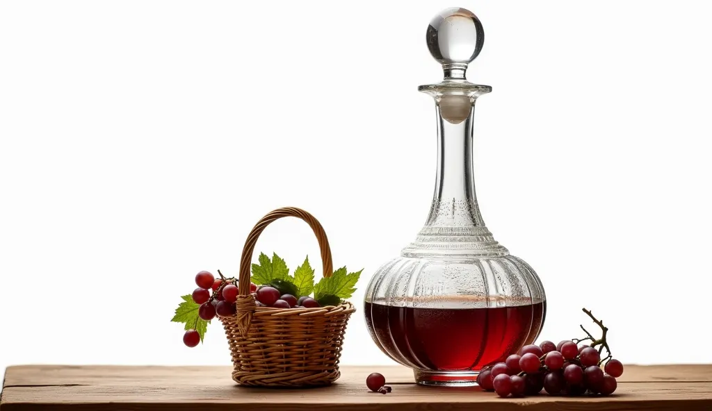 The image is a very bright stylized photo. An empty, elegant, beautiful, richly decorated glass decanter in an oriental - vintage style, next to the decanter is a small wicker basket filled with bunches of grapes with leaves on a wooden table. On the table...