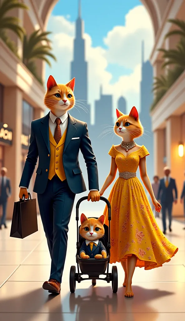 "Create an artistic, high-quality digital illustration of a family of anthropomorphic cats dressed in elegant, fashionable clothing, walking through a luxurious shopping mall with a futuristic city skyline in the background. The father cat wears a sharp na...