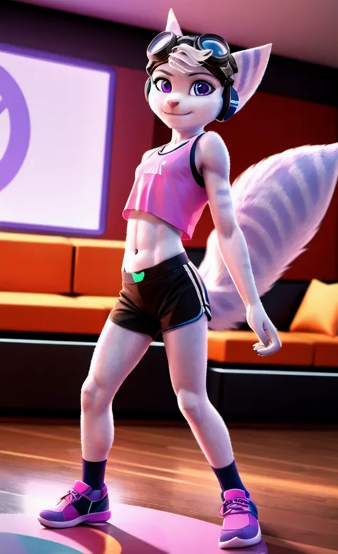 Rivet, tail, furry girl, 1girl, solo, young, purple eyes, pink sport shorts, pink sport shirt, black soccer shoes, inside livingroom, dancing, listening to music wearing headphones, detailed body fur, detailed body, detailed eyes, detailed face, athletic, ...