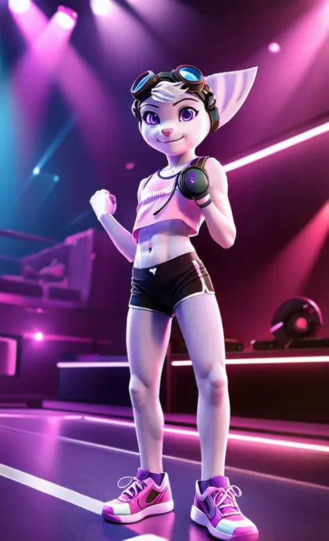 Rivet, tail, furry girl, 1girl, solo, young, purple eyes, pink sport shorts, pink sport shirt, black soccer shoes, inside livingroom, dancing, listening to music wearing headphones, detailed body fur, detailed body, detailed eyes, detailed face, athletic, ...