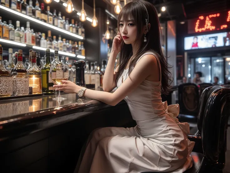 Night club, liquor bar on the left, There's a girl bartender., The bartender wears a polite dress, Sit at the bar, long layered hair style, Very flat chest , Very beautiful,  black hair, Very white skin, Korean celebrity , Asian people, 19 years old,  gold...