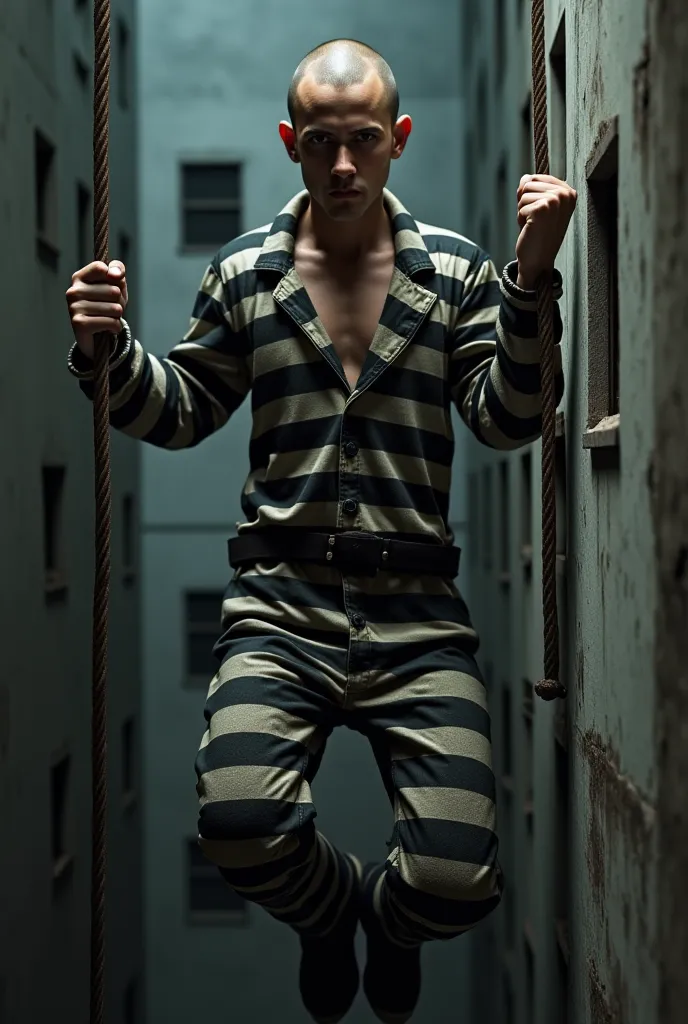 hyperrealistic fullbody photo of a muscular bald young convict in very worn and dirty black and white horizontally striped prisonjumpsuit escaping a oldfashioned prison by climbing down a thick rope, convict holding the rope by both hands and bracing both ...