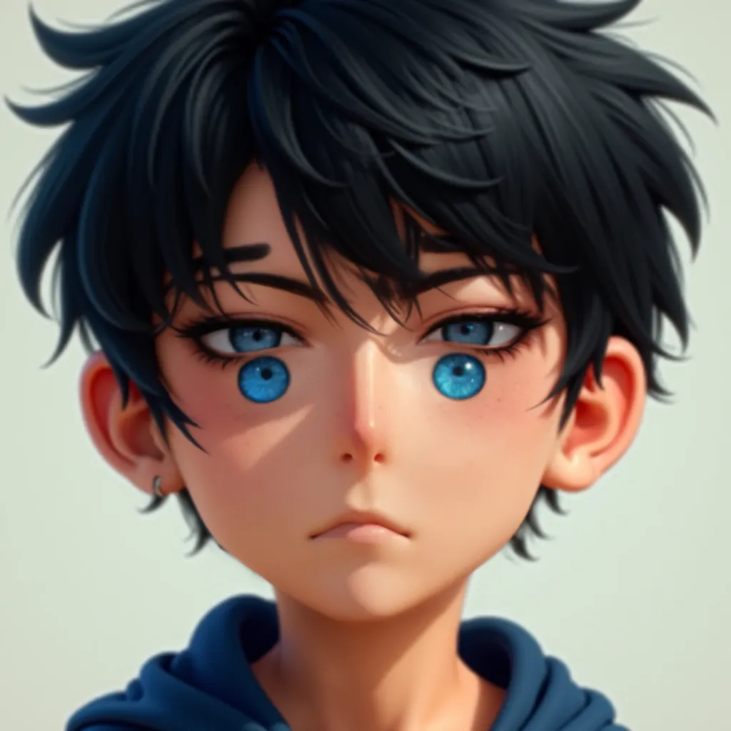 blue-eyed boy, black hair 