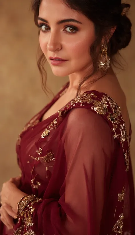 Generate a close up image of a woman in a maroon translucent saree. The blouse has no sleeves and has a golden satin finish. The saree and the blouse both has mirror sequins. The woman is giving a sexy, seductive and bold.