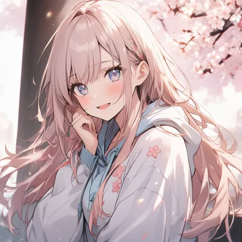 1 girl,  straight 、 long hair、 Hair,  hoodie、Cherry blossom embroidery 