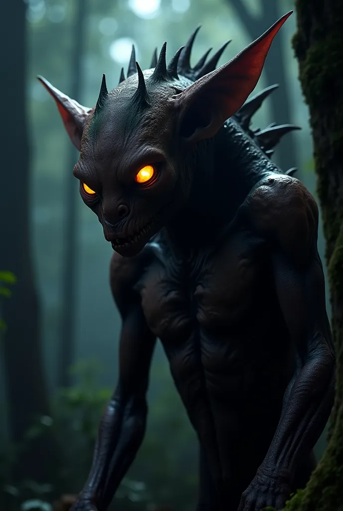 "A hyper-realistic depiction of a Sigbin, inspired by the eerie, nightmarish style of the reference image. The creature should have the distinctive features of a Sigbin from Filipino folklore—large ears, a hunched posture, leathery skin, and glowing eyes. ...