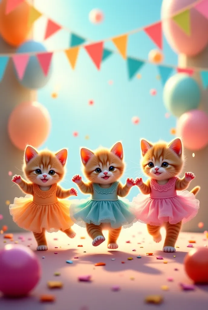 Three female kittens in dresses having fun at a party 