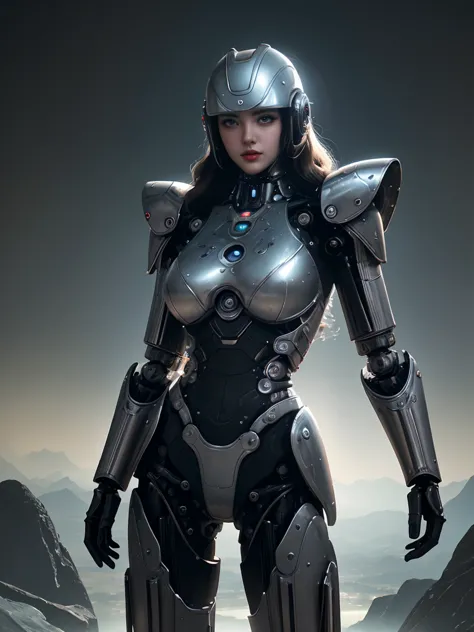 ((best quality, masterpiece, hyper-detailed, cinematic lighting)), stunning retro-futuristic sci-fi scene, strong and confident woman, elegant and authoritative presence, wearing a tight metallic silver space suit with vintage 1950s aesthetics, intricate m...