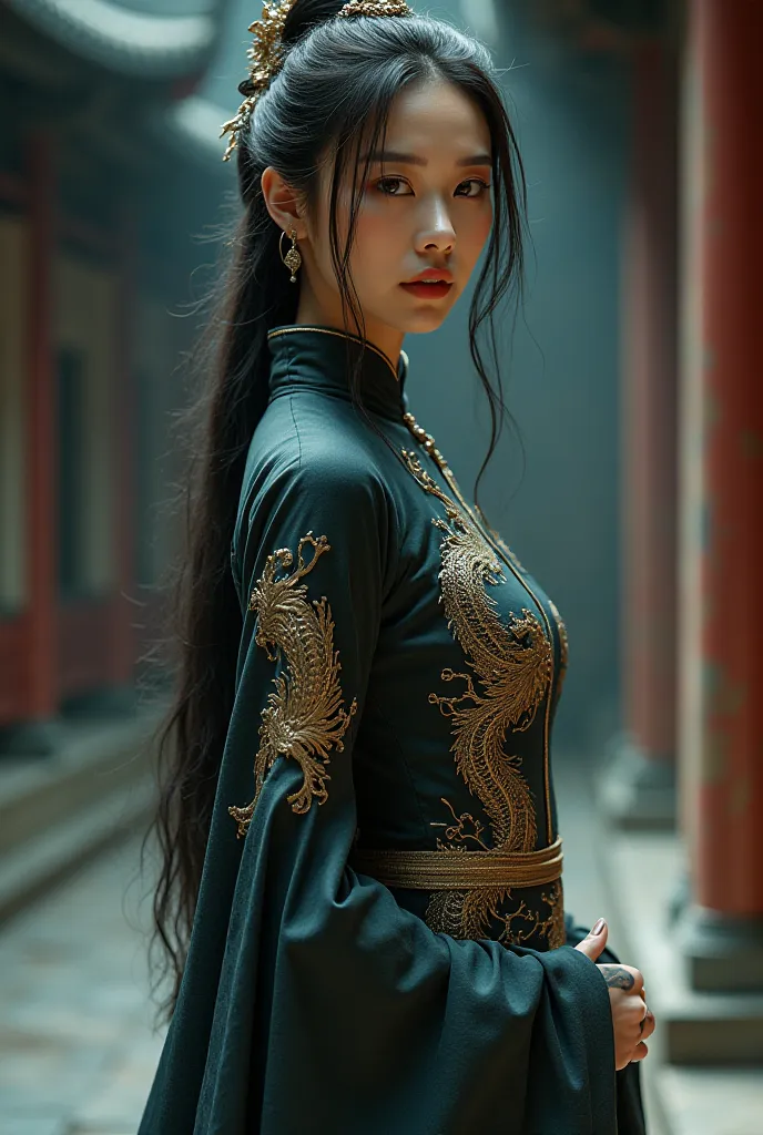 Woman wearing black chinese dress with cool dragon8k