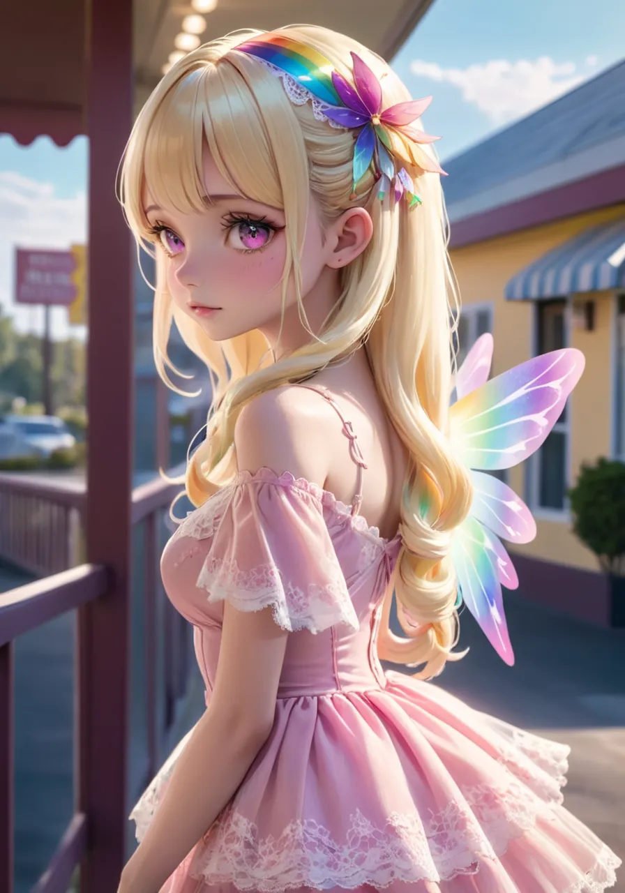 high definition, TOP QUALITY,,  fairy rainbow fairy wings, blond hair,  blurry background, ,  Partial Updo , bitches line up in front of the motel,  hair between eyes,  long hair, Watch Viewers,  while tasting, profile, Lace Lolita Dress, Alone,  upper bod...