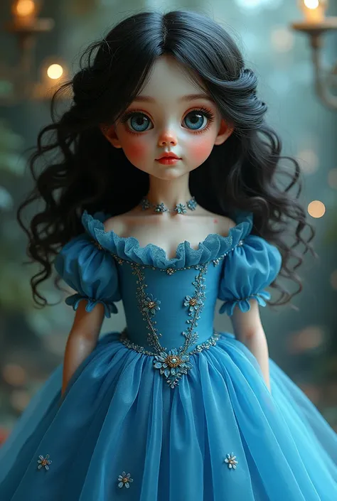 A doll dressed in blue, by tez morena, loose curly hair, long black color