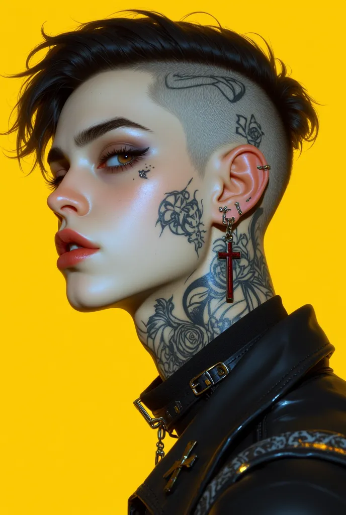 Dark indoor studio, ultra realistic 3D painting, in the upper right corner position, yellow background, close up of a young pale white albino punk man's face, heavily tattooed, evil looking, wearing a long black tank top, short wet black hair slicked back,...