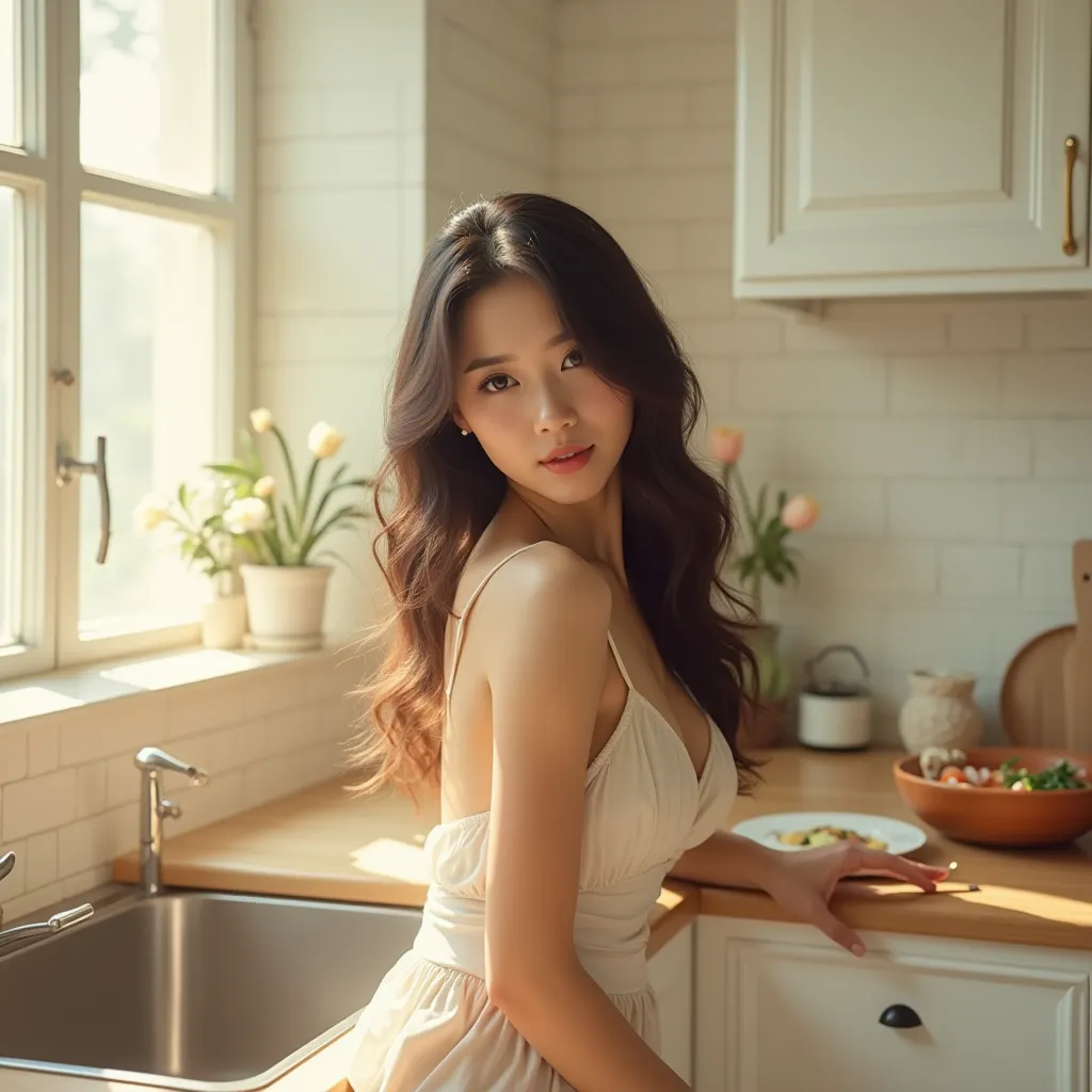 Thai women long hair, cute
, lounging seductively, sexy upron, white kitchen, cooking, room with sunlight