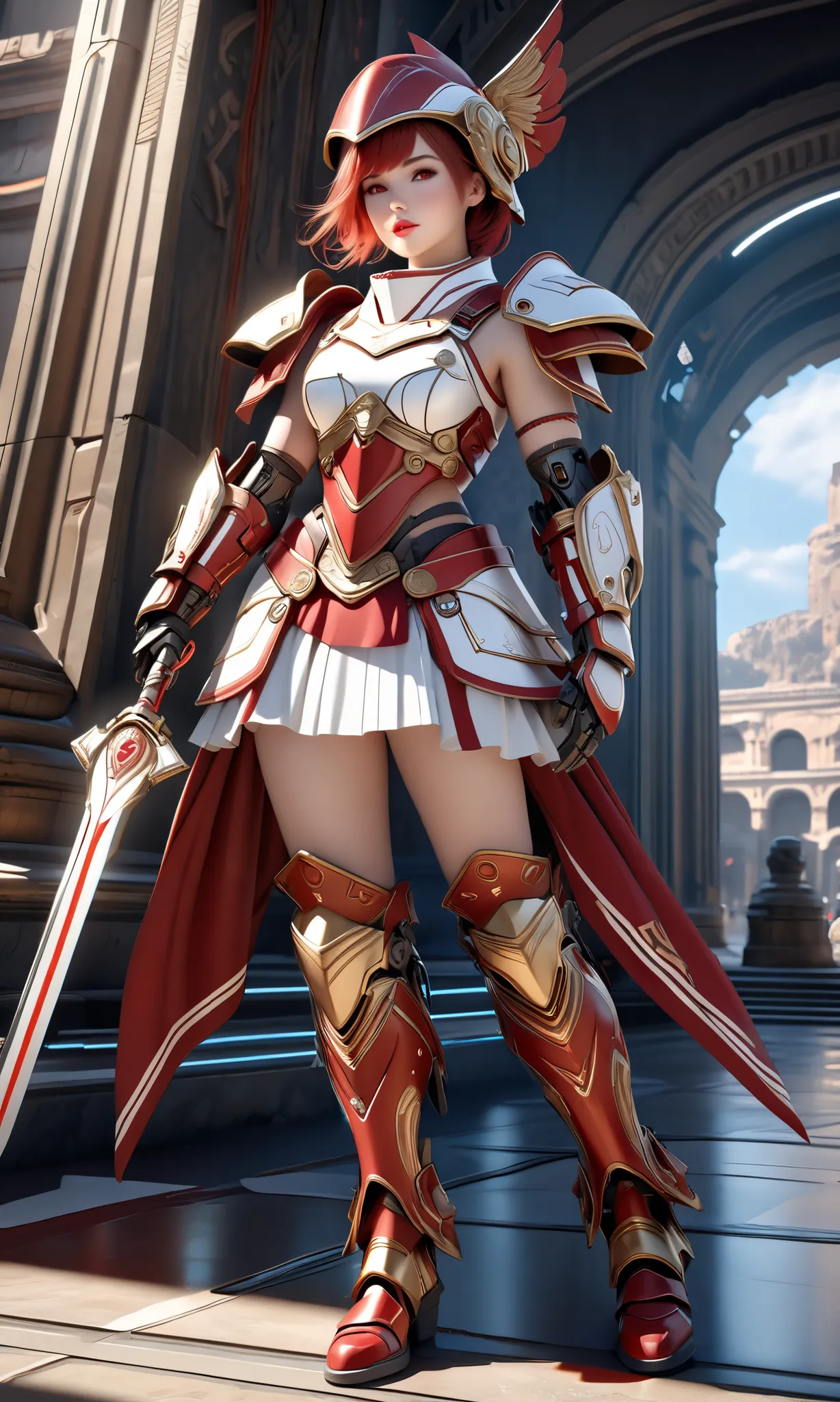  ( bestquality,4K,8k, highres,masterpiece:1.3),ultra-detailed,(realistic,photorealistic,photo-realistic:1.3),HDR,UHD,depicts future robot armor with motifs of gladiators from the ancient Roman Empire、 Concept Art Style 、１８a beautiful red haired girl with r...