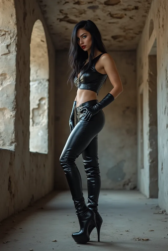    
   Beautiful slim woman 35 years old   . black long hair . reality .  black shiny leather pants  , black short leather vest wide open,  cropped  ,    big naked breasts .   Bordeaux red lipstick    .    Big blue eyes . Focus Black high-heeled lace-up le...