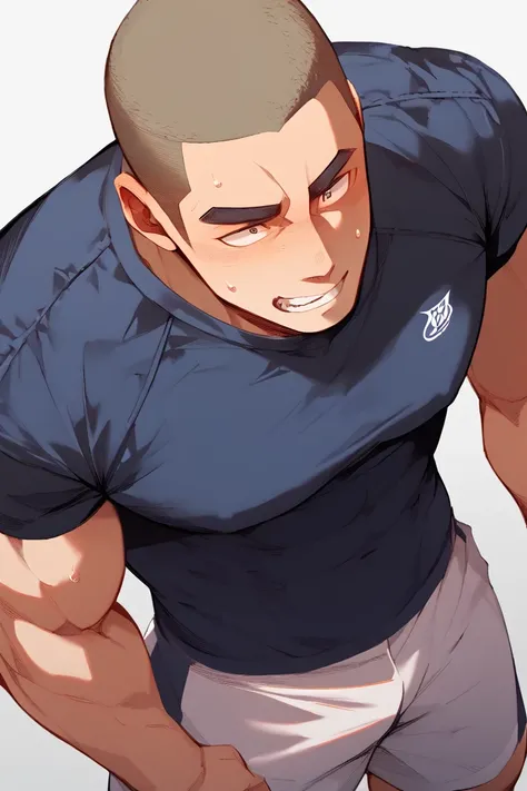 TOP QUALITY、A shaved man with a shaved head is standing、The upper body is a tight t-shirt with sweat and the skin can be seen through to the chest、Thick eyebrows、Sharp Eyes、Japan、 wearing shorts、muscles are bulging、 in the room