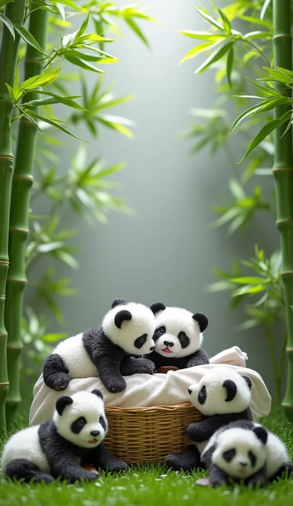 Several cute mini panda bears, hanging on bamboos playing, having fun and in a straw basket with white cloths, gray background with green leaves and bamboos, synthetic grass floor,  wallpaper, design