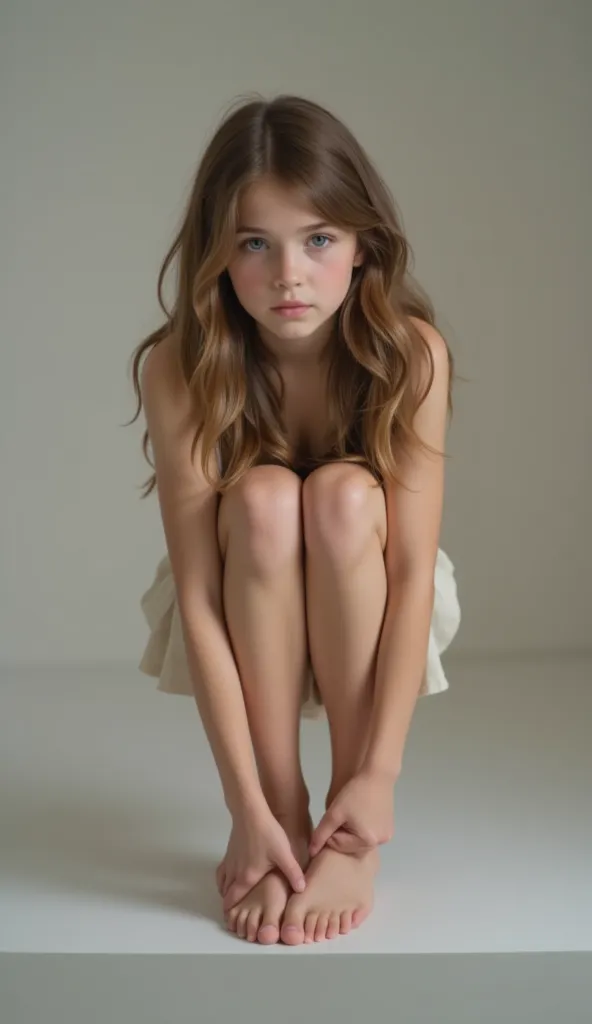 “A very young girl with long, wavy brown hair and fair skin crouching gracefully in a minimalistic studio setting. She has an intense yet soft gaze, looking directly at the viewer with a calm expression. She is wearing a simple, light-colored dress that dr...