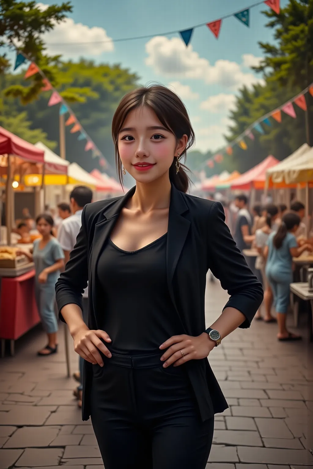 She is wearing earrings and a wristwatch.I'm wearing a tight black suit.I am expressing my joy with a bright smile.It's a park where you can see food stalls.