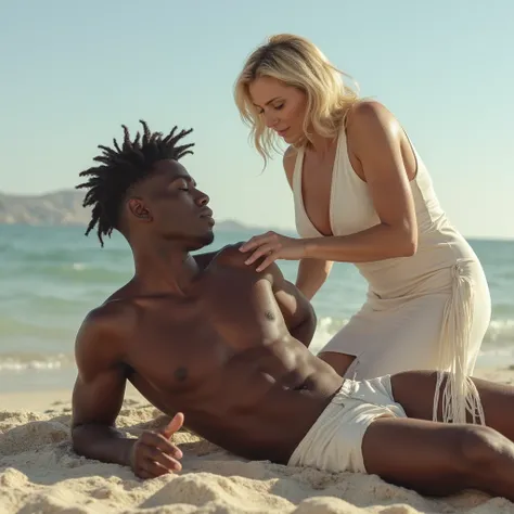  132-year-old black boy just arrived on a beach in a boat, He is handsome, And he's tired almost lying in the sand. a 45-year-old blonde and pretty white MILF, Dressed very sexy, elegant and suggestive, she is helping. She bends over leaving her boobs clos...