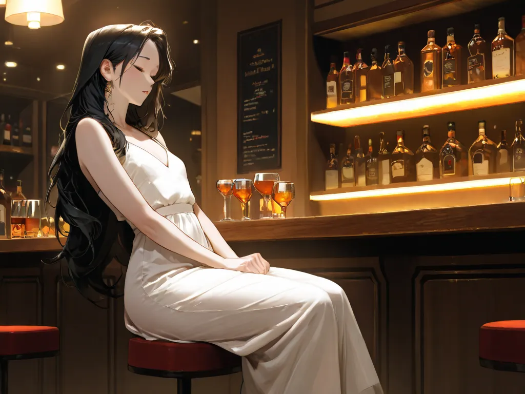 Night club, liquor bar on the left, There's a girl bartender., The bartender wears a polite dress, Sit at the bar, long layered hair style, Very flat chest , Very beautiful,  black hair, Very white skin, Korean celebrity , Asian people, 19 years old,  gold...