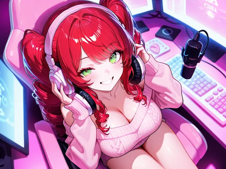 Put on headphones、girl with a microphone, sit at a professional gaming setup, detailed gaming setup,, Red long curly hair that covers one eye, long hair, sexy, gaming setup, Green eyes, large breasts, jirai-k, egirl,Masterpiece, top quality, great quality,...