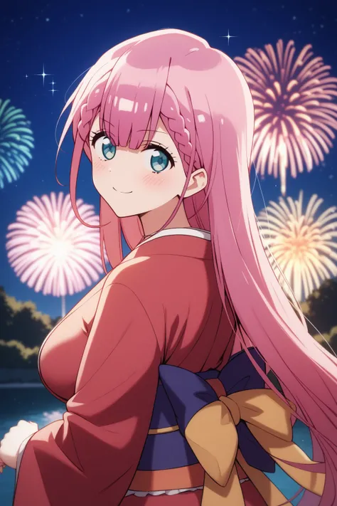 masterpiece,best quality,{{detailed beautiful face and eyes}}, very detailed background,
Mafuyu Kirisu,{{{megami magazine}}},long hair,pink hair,braid,hair between eyes,braid,blue eyes,medium breasts,
1woman,((kimono)),
aerial fireworks, blurry background,...