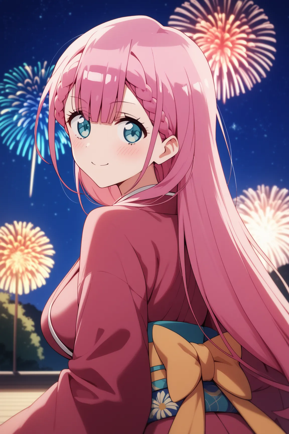 masterpiece,best quality,{{detailed beautiful face and eyes}}, very detailed background,
Mafuyu Kirisu,{{{megami magazine}}},long hair,pink hair,braid,hair between eyes,braid,blue eyes,medium breasts,
1woman,((kimono)),
aerial fireworks, blurry background,...