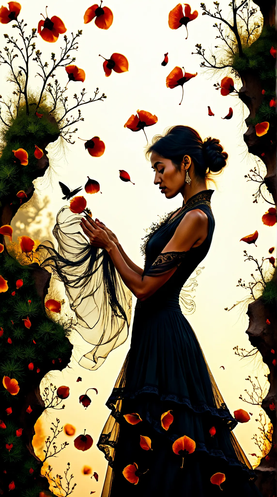 In the heart of Andalusia, where sun-scorched plains, ancient rivers, and molten sunsets collide, a Flamenco dancer embodying Spain’s Gypsy soul emerges—her form a tempest of fire and shadow, hair raven-black and coiled with rose petals, trailing cigarillo...