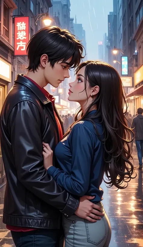 A young couple, positioned in the center of the frame, is depicted in a romantic pose. The man, appearing to be in his late s or early twenties, has dark hair and a medium complexion. He's wearing a dark-colored leather jacket over a red shirt. The woman, ...