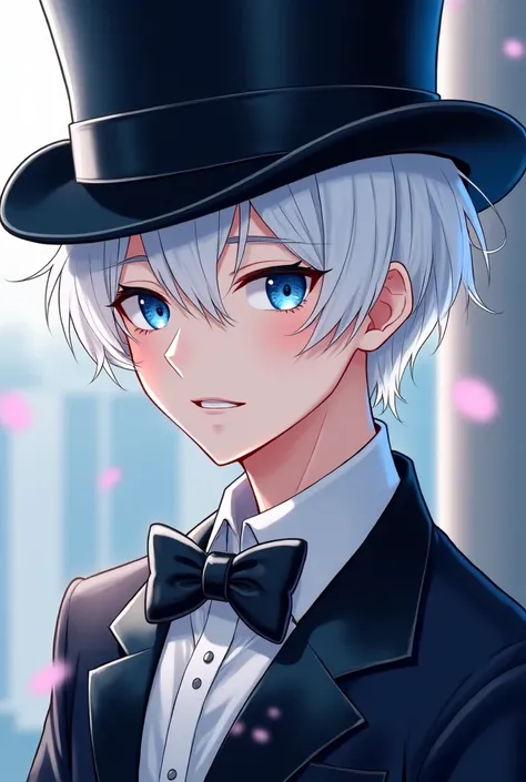 Create an anime  with blue eyes, he wears a top hat with a bow, The top hat and the black ribbon, he's also wearing a suit, He is 18 years old and has white hair 