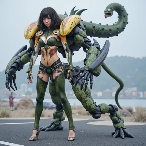 Masterpiece, top quality, 8k, Japanese woman in heavy armed frog-like animal bio suit, Fusion of muscle fiber and bone with machine, A machine is implanted in the living body, inverted jointed leg, vvivid color and vivid textures, ultimate realistic beauti...