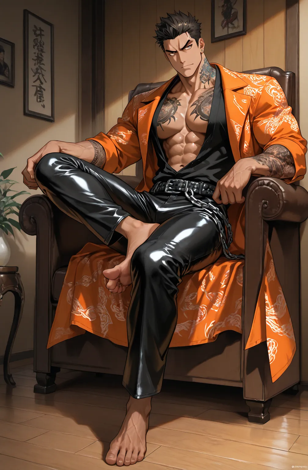 digital illustration featuring a stylish, animated character in a detailed, sitting, The character is a muscular man with medium brown skin, piercing eyes, manly, veiny, dark hair, and distinct facial features including a confident expression. Delinquent, ...